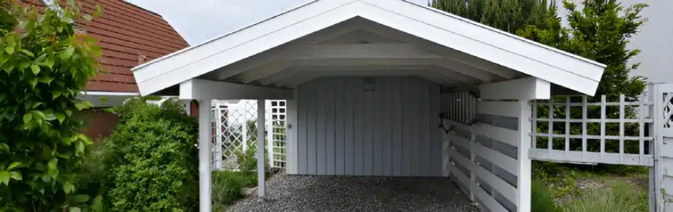 White Timber Gable Roof Carport Gravel Driveway
